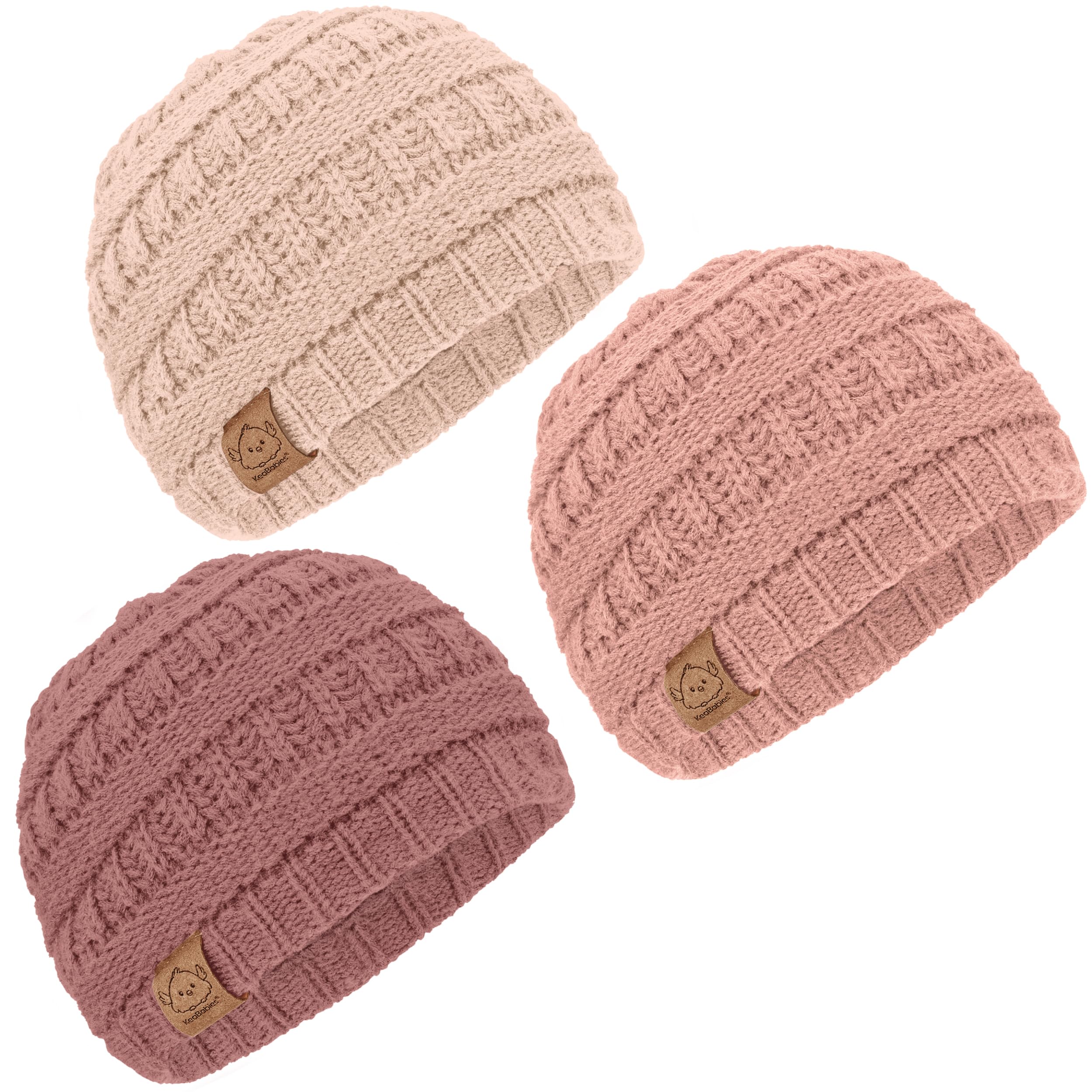 KeaBabies 3-Pack Baby Beanies for Boys, Girls,Soft Cute Baby Hat (Tea Rose, 6-36M)