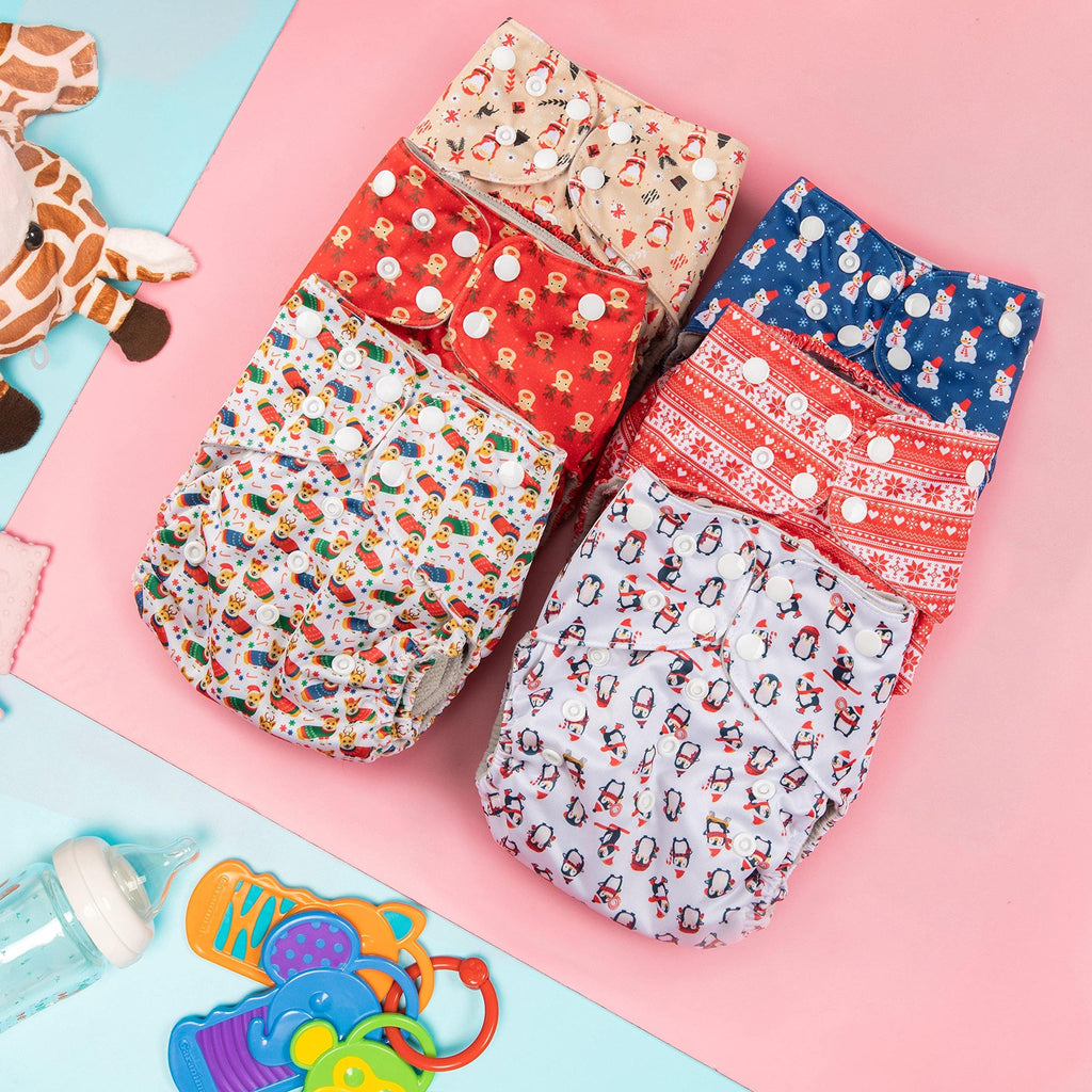 Simple Being Reusable Cloth Diapers, Double Gusset, One Size Adjustable, Washable Soft Absorbent, Waterproof Cover, Eco-Friendly Unisex Baby Girl Boy, six 4-Layers Microfiber Inserts (Christmas)