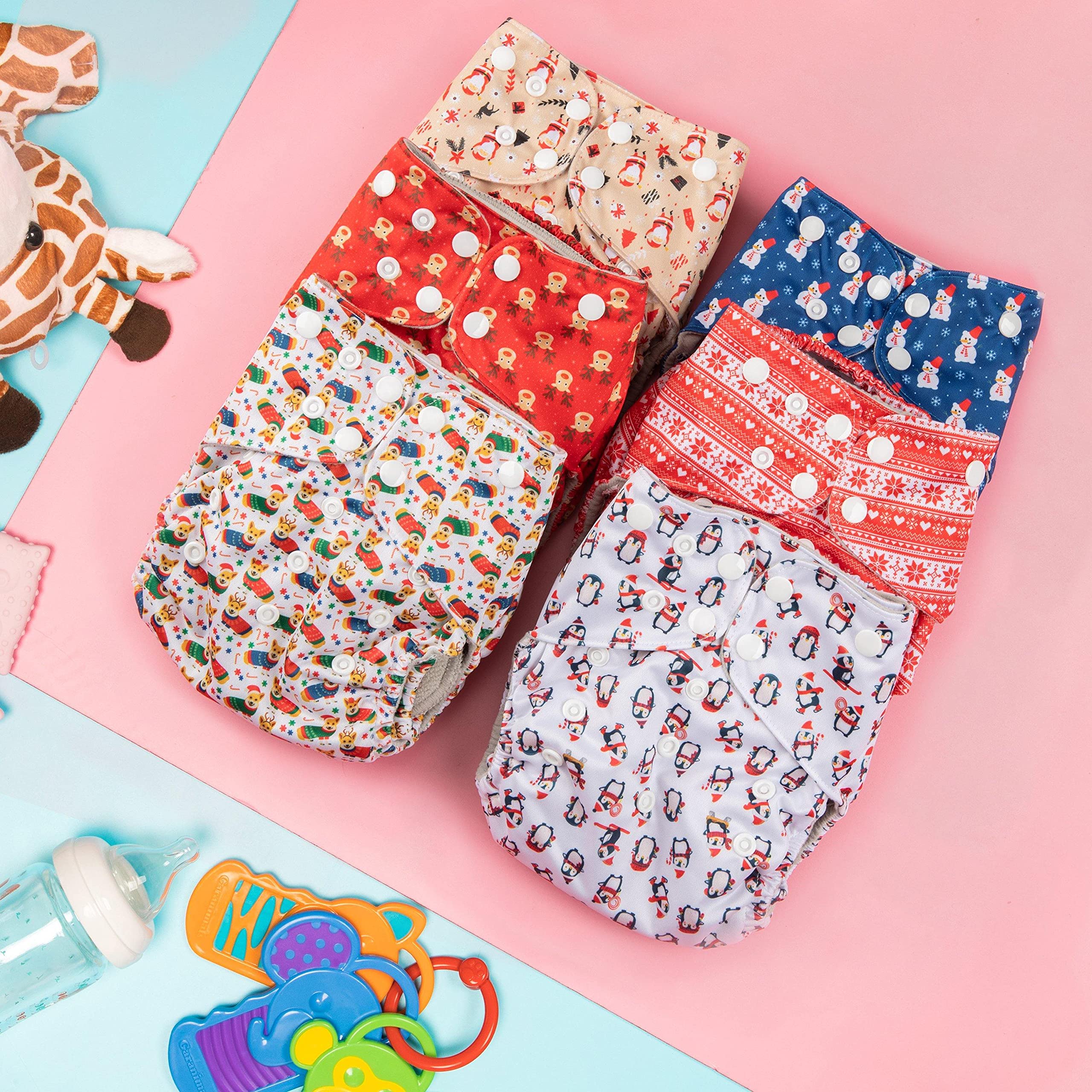 Simple Being Reusable Cloth Diapers, Double Gusset, One Size Adjustable, Washable Soft Absorbent, Waterproof Cover, Eco-Friendly Unisex Baby Girl Boy, six 4-Layers Microfiber Inserts (Christmas)