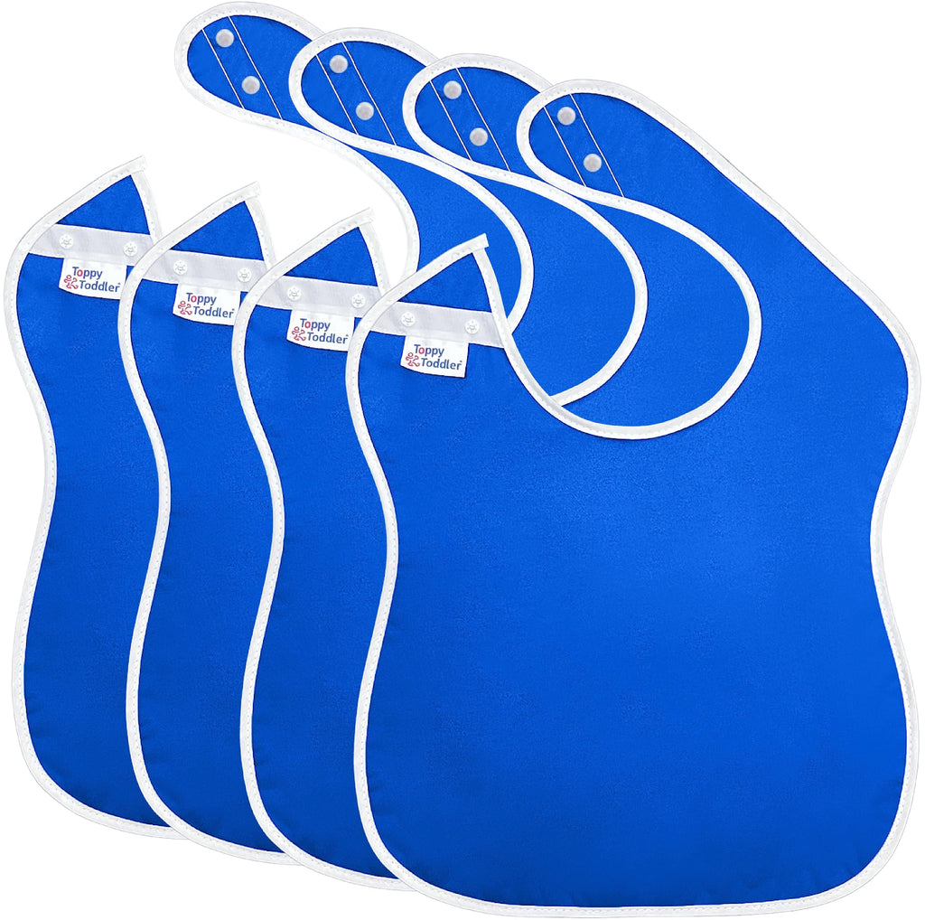 Toppy Toddler - 4 pcs Royal Blue Large Waterproof Baby Bibs for 1-4 years old – Lightweight, Soft & Durable Fabric Bibs with Snap Buttons for Girls and Boys, Dryer safe and Easy to Clean