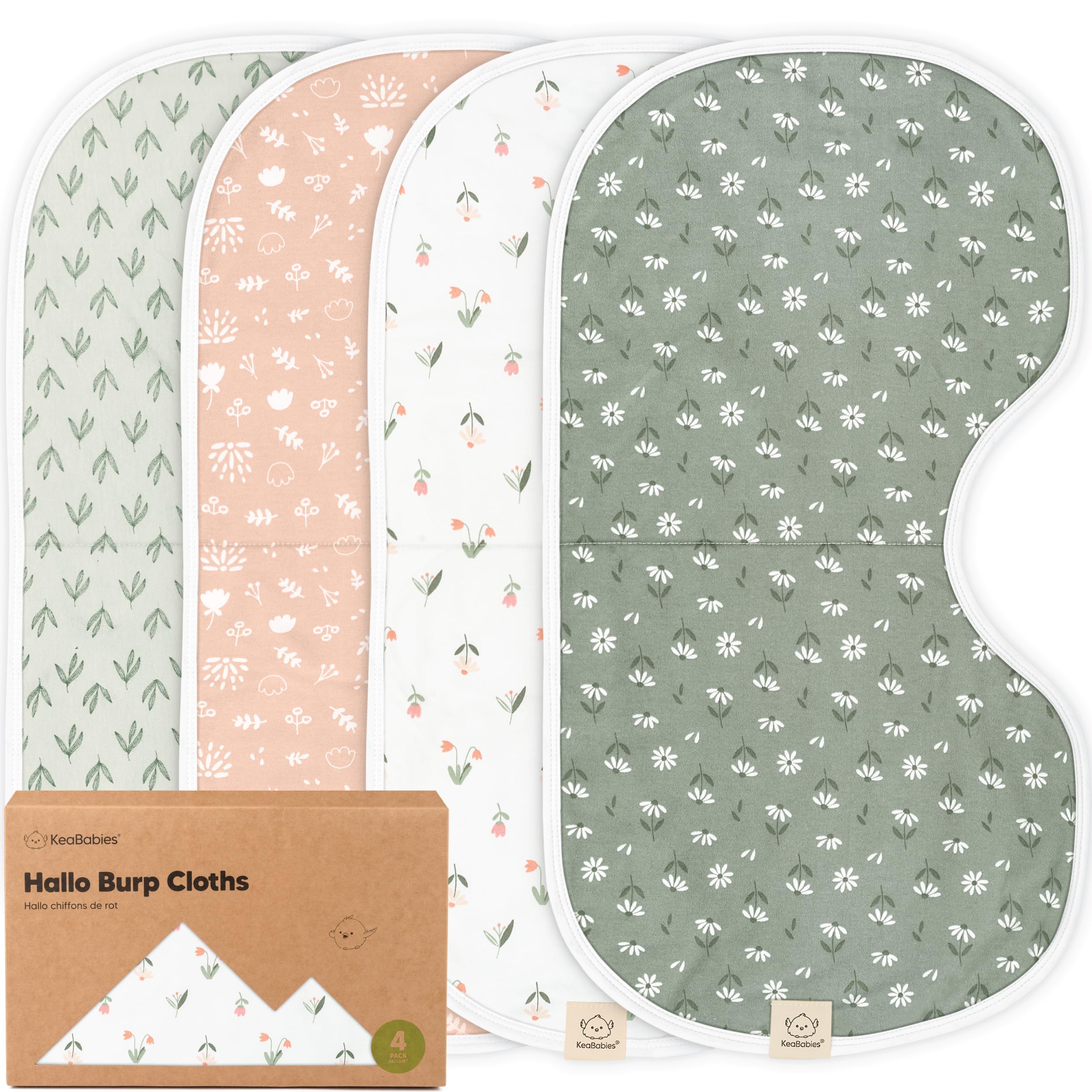 KeaBabies 4-Pack Baby Burp Cloths Baby Girl, Boy, Organic Cotton (Fleur)