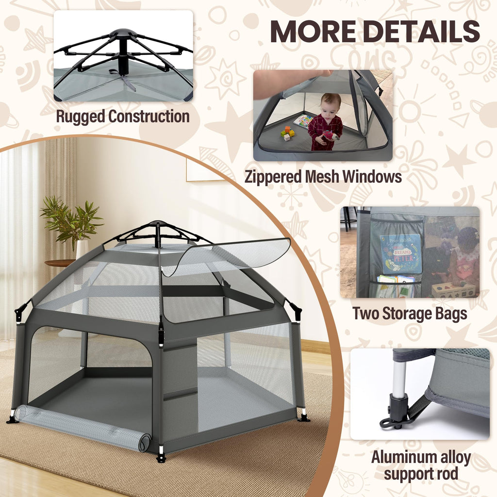 Baby Playpen with Self-Inflating Play Mat & Travel Bag, Portable Outdoor Playpen for Babies and Toddlers, Foldable Pop Up Play Tent for Home, Park, Beach and Camping (Grey)