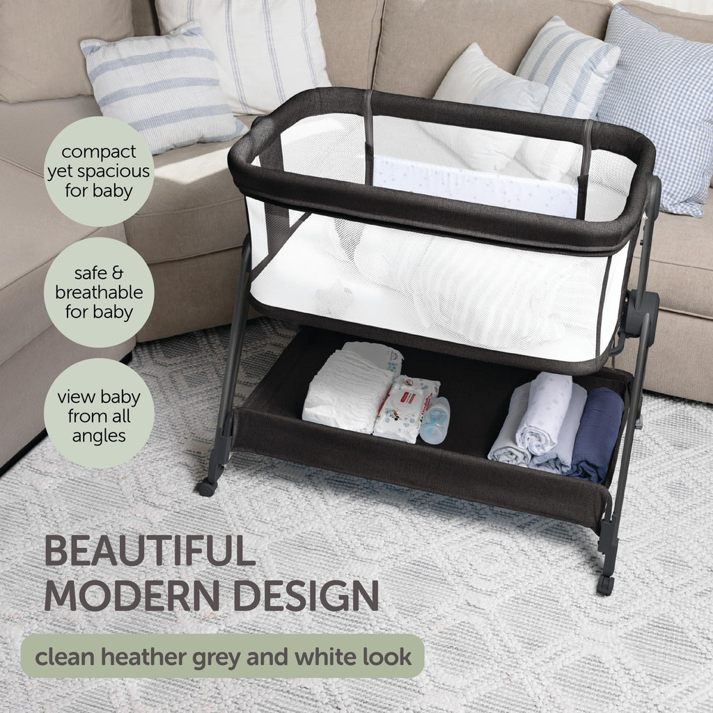 KOOLABABY Baby Bedside Sleeper - Bassinet & Bedside Crib with Height Adjustment & Wheels - Can Be Placed Next to Bed - Attaches to Parents Bed - Easy to Fold & Carry Bassinet (Grey)