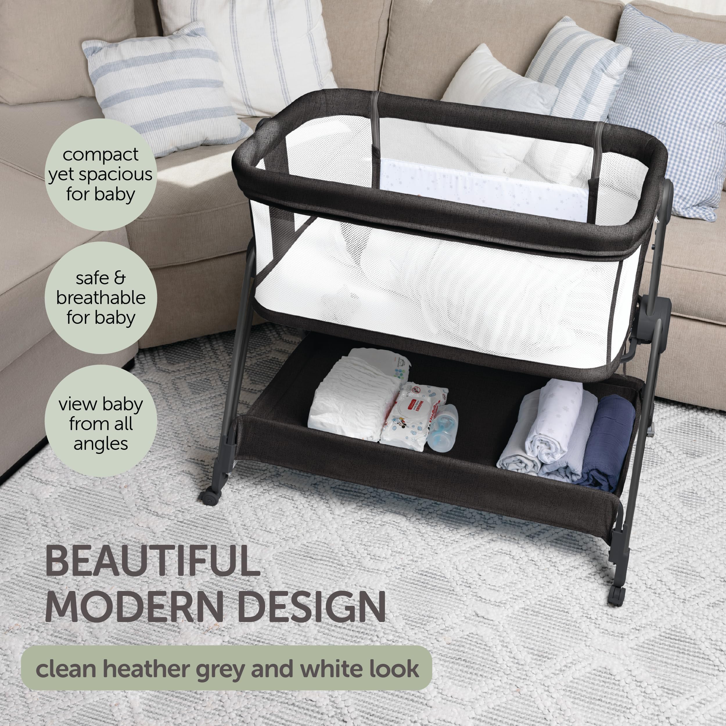 KOOLABABY Baby Bedside Sleeper - Bassinet & Bedside Crib with Height Adjustment & Wheels - Can Be Placed Next to Bed - Attaches to Parents Bed - Easy to Fold & Carry Bassinet (Grey)