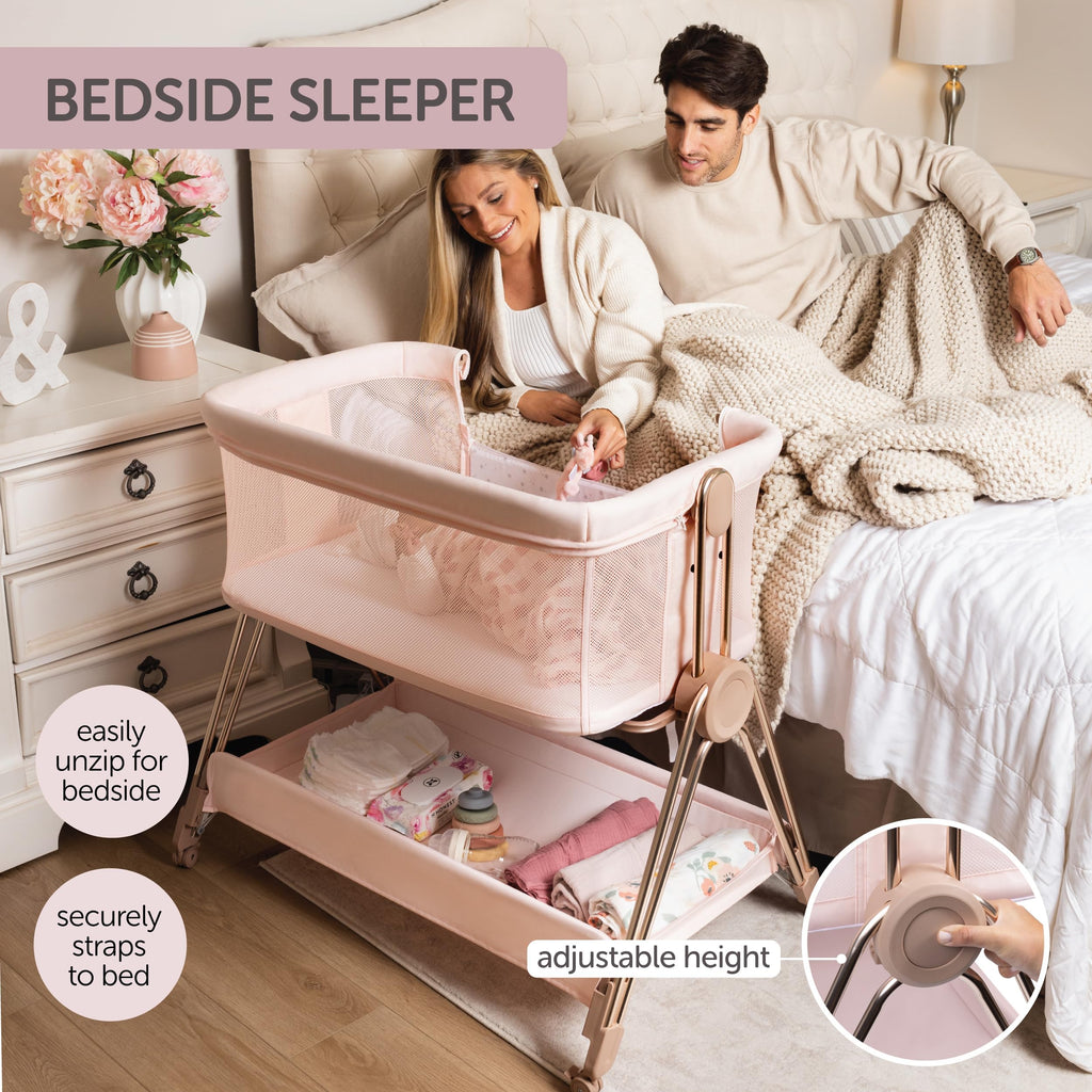 KOOLABABY Baby Bedside Sleeper - Bassinet & Bedside Crib with Height Adjustment & Wheels - Can Be Placed Next to Bed - Attaches to Parents Bed - Easy to Fold & Carry Bassinet for Girls (Pink)