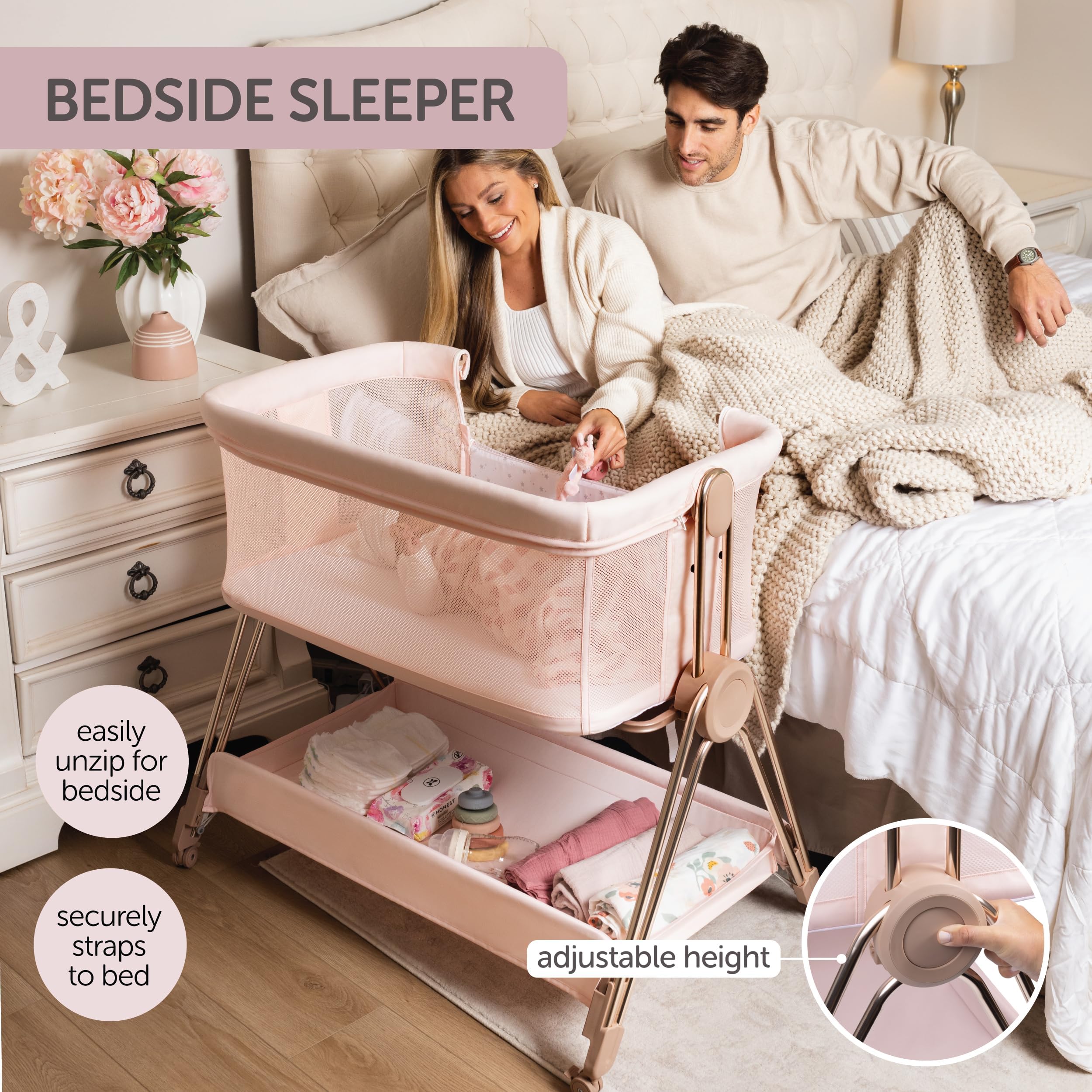 KOOLABABY Baby Bedside Sleeper - Bassinet & Bedside Crib with Height Adjustment & Wheels - Can Be Placed Next to Bed - Attaches to Parents Bed - Easy to Fold & Carry Bassinet for Girls (Pink)