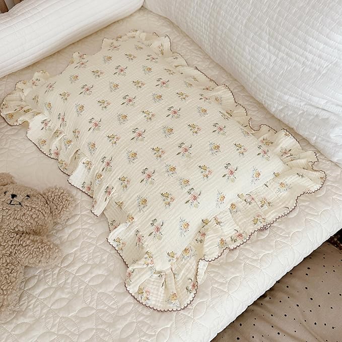 BuLuTu Double Layers Muslin Cotton Pillowcase King Size Vintage Floral Print Pillow Case Teens Girls Women Ruffled Pillow Cover, Envelope Closure, 20x36 inch, 1 Piece, Azalea