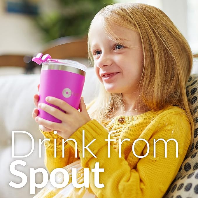PopYum 9oz Insulated Stainless Steel Kids’ Cups with Lid and Straw, 2-Pack, Purple, Pink, stackable, sippy, baby, child, toddler, tumbler, double wall, vacuum, leak proof