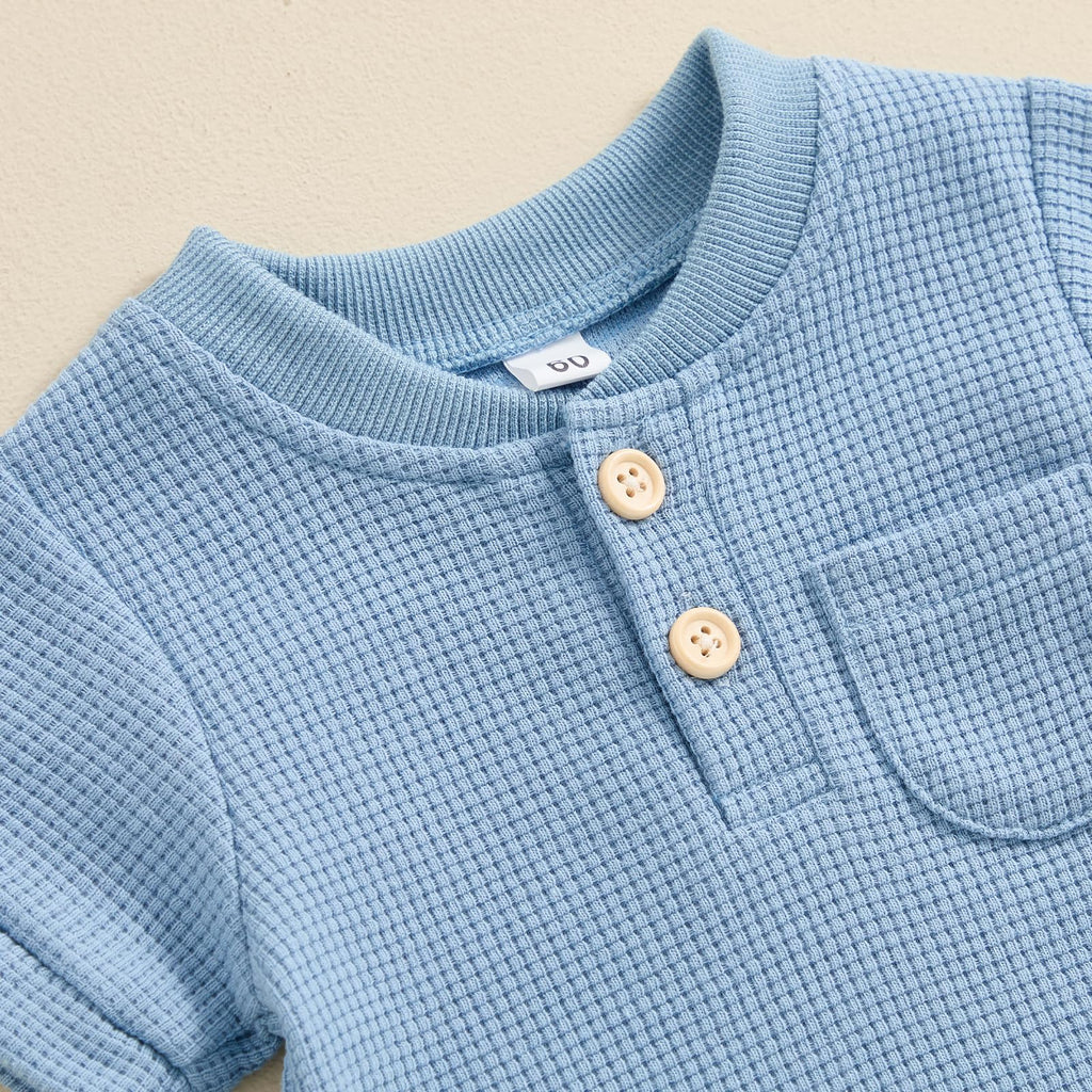 Kuriozud Newborn Baby Boy Girl Clothes Button Solid Short Sleeve Romper Jumpsuit Basic One Piece Outfits Baby Neutral Clothing Waffle Short Sleeve Blue, 3-6 Months