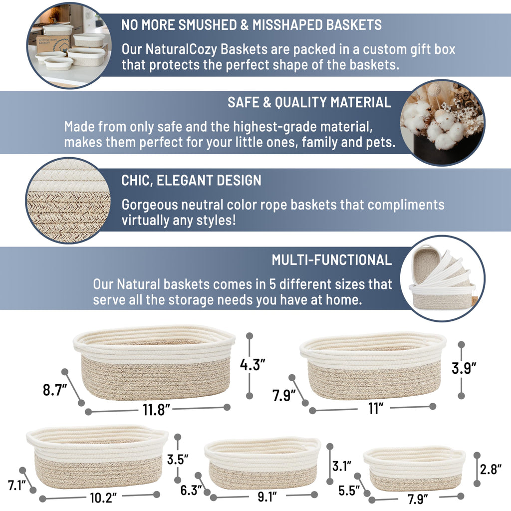 NaturalCozy 5-Piece Rectangle Storage Basket Set- Natural Cotton Rope Woven Baskets for Organizing! Small Basket for Montessori, Baby Nursery, Dog Toy Baskets, Cat Toy Box, Bathroom Organization Bin