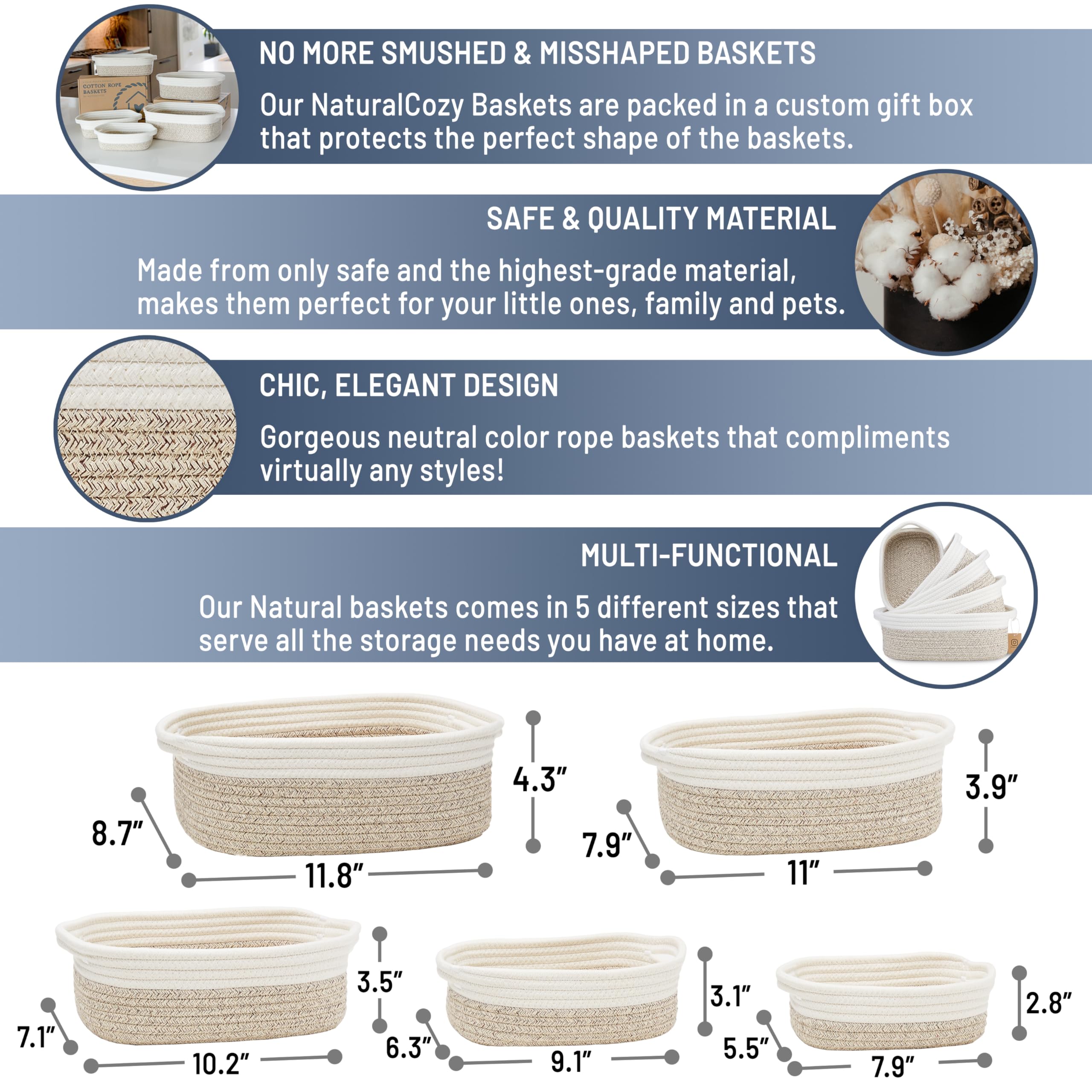NaturalCozy 5-Piece Rectangle Storage Basket Set- Natural Cotton Rope Woven Baskets for Organizing! Small Basket for Montessori, Baby Nursery, Dog Toy Baskets, Cat Toy Box, Bathroom Organization Bin
