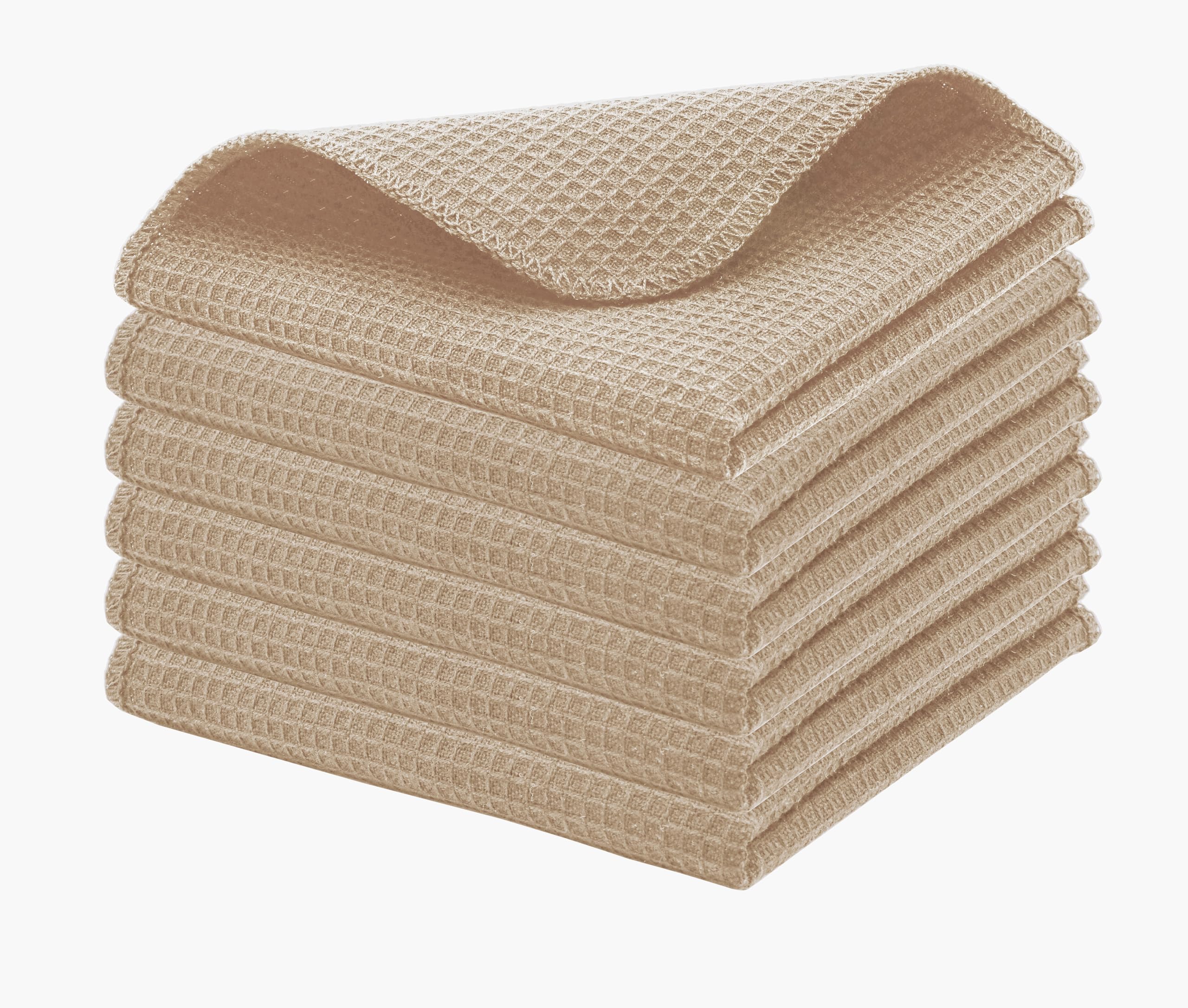 PurpleEssences Dish Cloths and Dish Rags - 6 Pack Waffle Weave Solid Kitchen Dish Wash Cloths, 100% Cotton, 12x12 Inches, Ultra Soft Absorbent Quick Drying - Spring Easter Summer - Beige