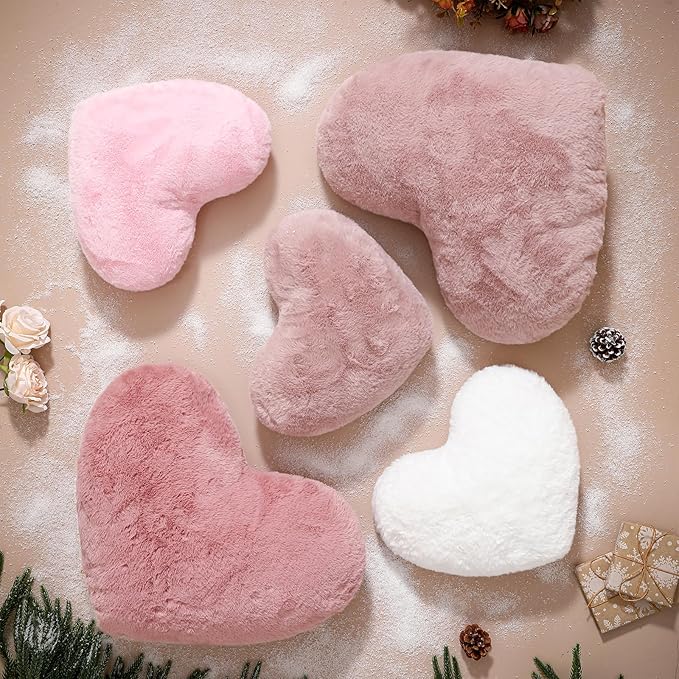EastTree Heart Pillows, Dusty Pink Heart Shaped Pillows, Love Throw Pillows Gifts, Soft Faux Rabbit Fur Cute Pillows, Women Girls Kid Room Decor 10x13 Inch