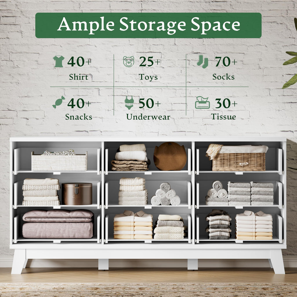 Xixini Fluted Dresser with 9 Drawers, 63" Wide Modern Chest of Drawers with Metal Handle, Wooden Dresser TV Stand, Wood Closet Clothes Storage Organizer for Bedroom, Living Room, Hallway, Solid White