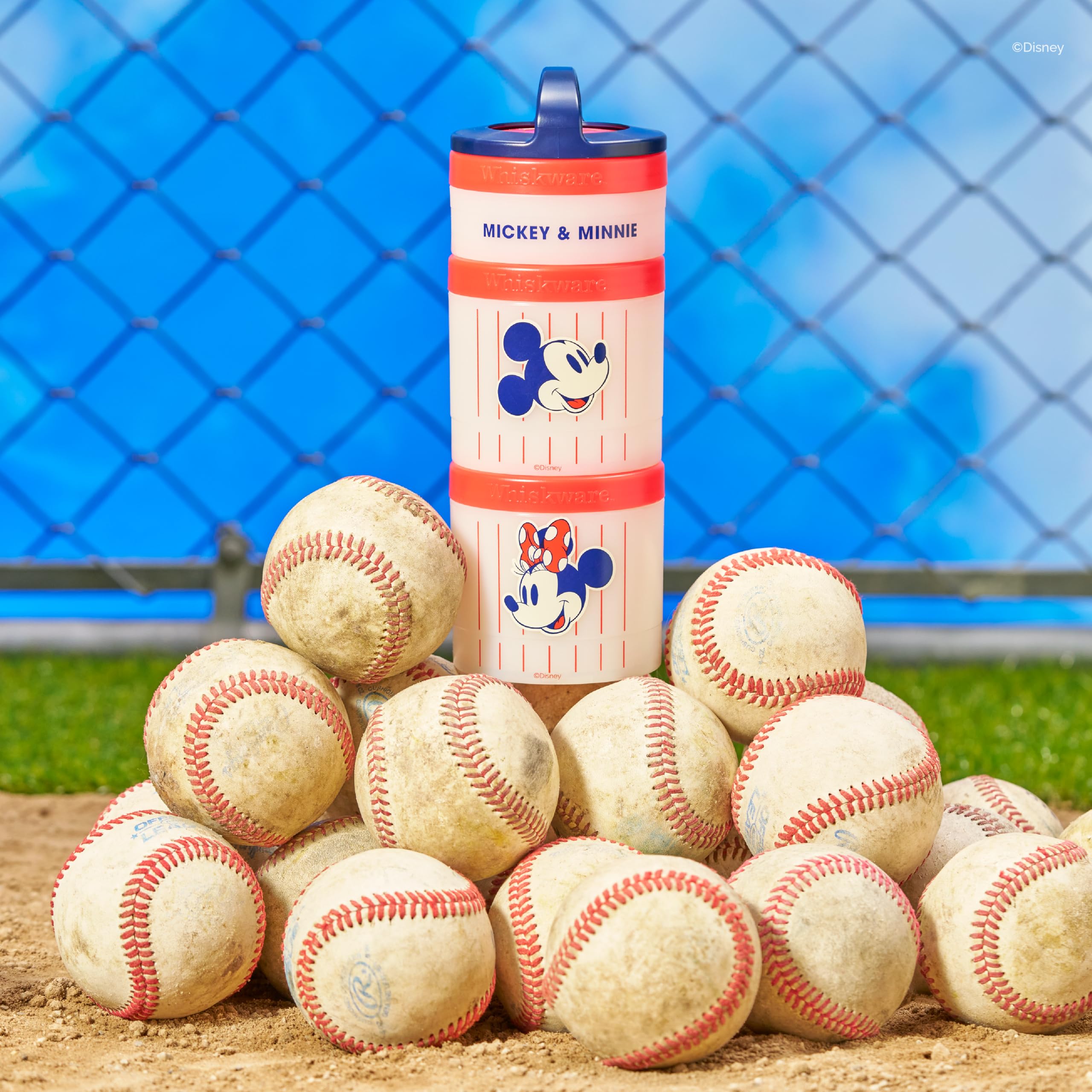 Whiskware Disney Mickey Mouse and Friends Stackable Snack Containers for Babies, Toddlers, and Kids, 3 Stackable Snack Cups for School and Travel, Cupholder Friendly, Mickey and Minnie! Baseball!