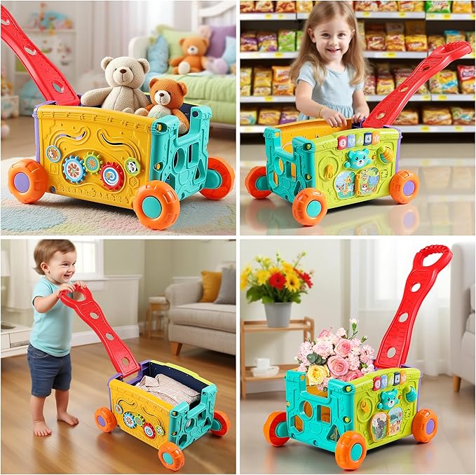 Musical Push Walker Toy for Toddlers 18+ Months - Educational Activity Wagon with Blocks, Learning Walking Assistant with Handle for Boys & Girls