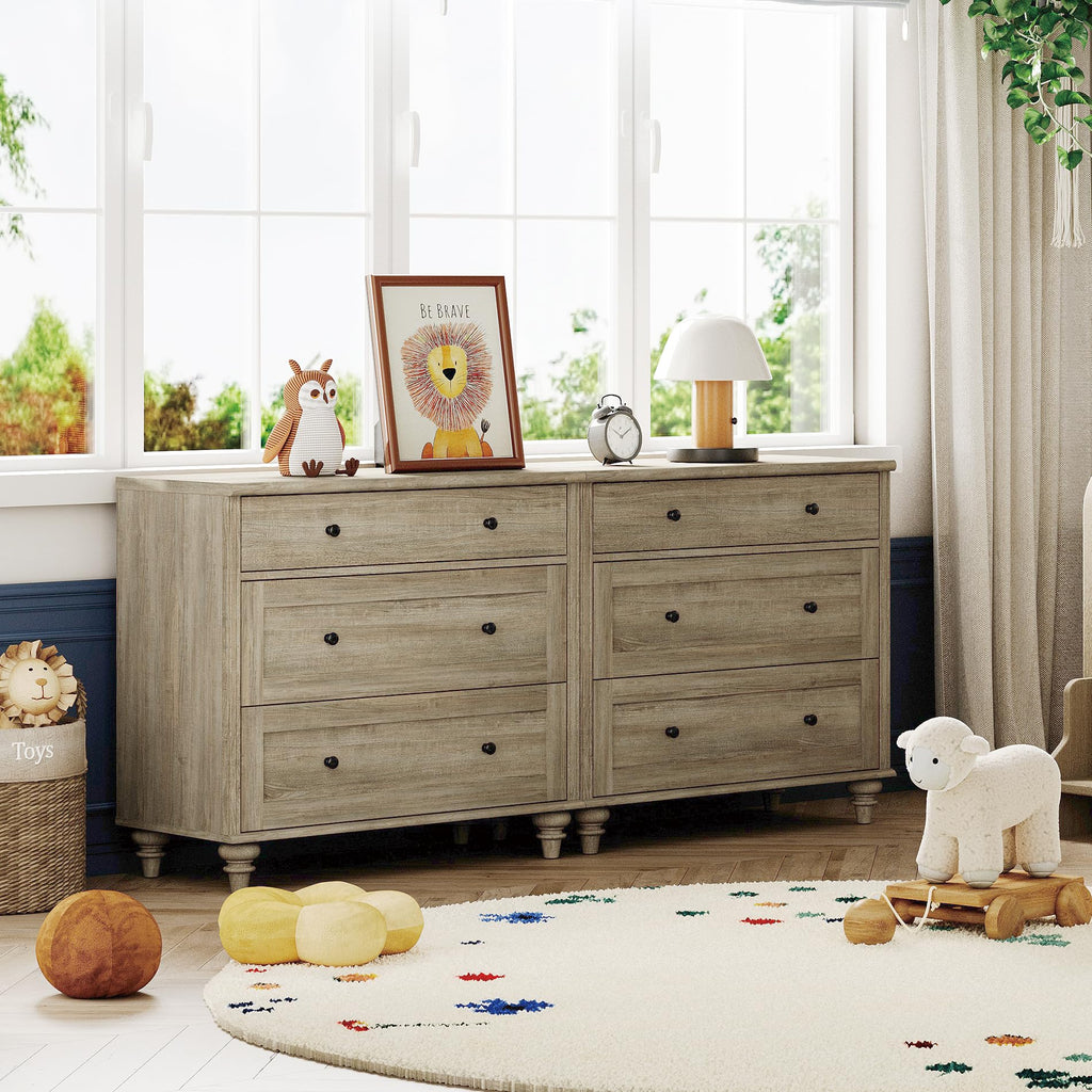 WAMPAT Kids Dresser for Bedroom with 6 Drawers, Rustic Oak Baby Dressers with Wide Chest of Drawers, Modern Wooden Closet Storage Organizer, Large Wood Dressers for Living Room, Nursery, Hallway