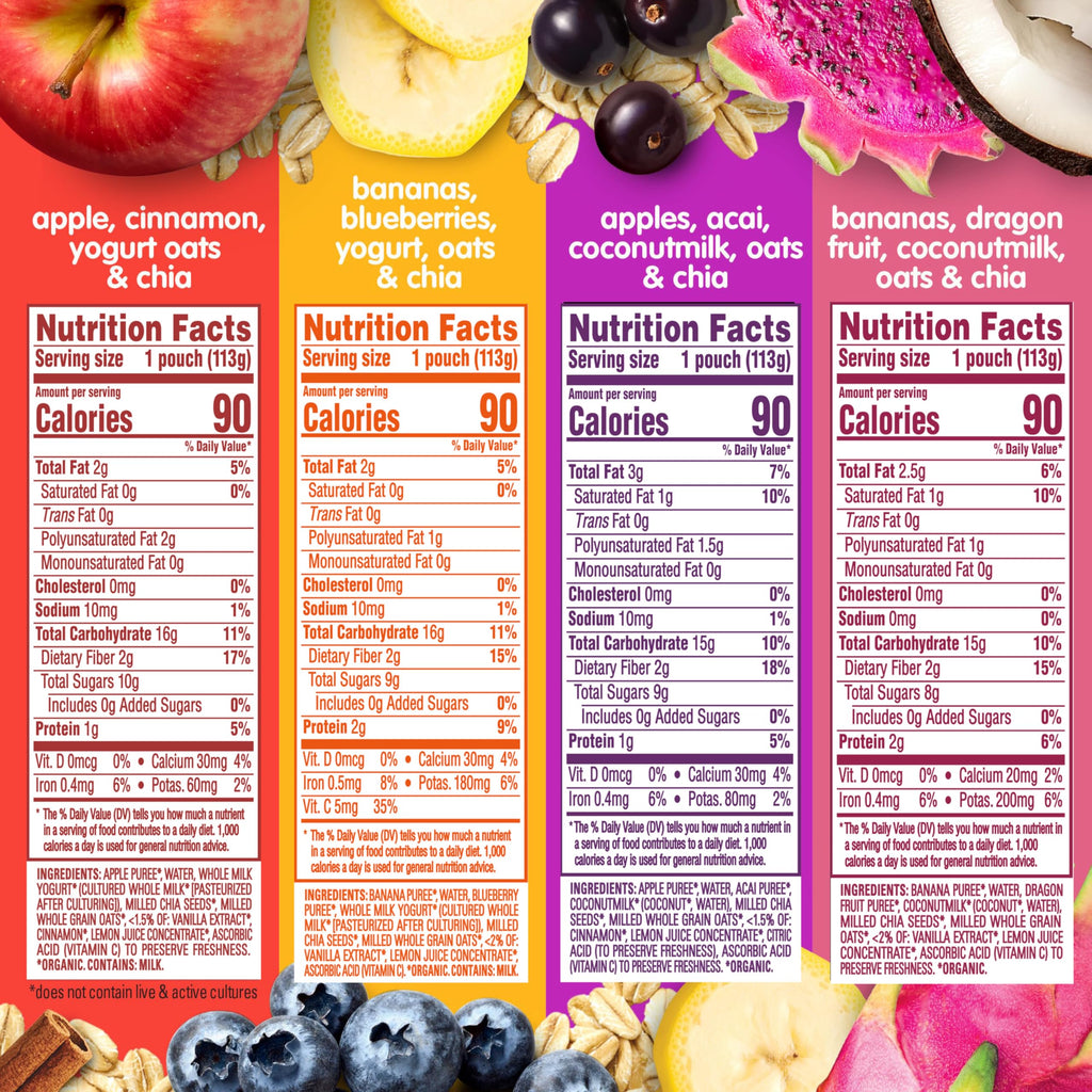 Happy Tot Organics Stage 4 Baby Food Pouches, Gluten Free, Super Morning Fruit & Oat Variety Pack Blend 4 Oz (Pack of 16), Amazon Exclusive