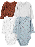 Simple Joys By Carter's Unisex Baby 4-pack Side Snap Bodysuit Bodystocking, Blue Floral/Brown Animal Print/Light Grey/White Dots, 24 Months US