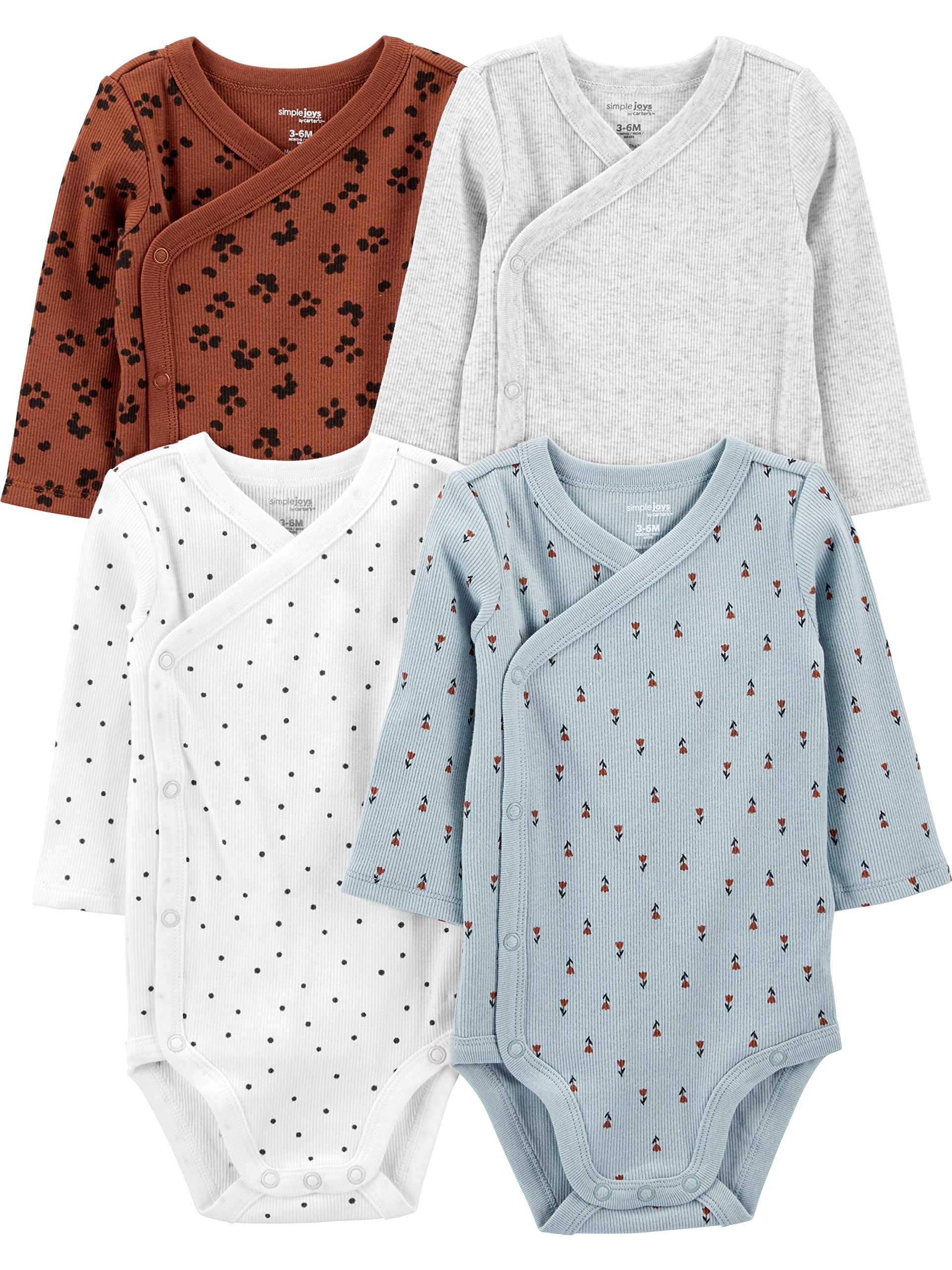 Simple Joys By Carter's Unisex Baby 4-pack Side Snap Bodysuit Bodystocking, Blue Floral/Brown Animal Print/Light Grey/White Dots, 18 Months US