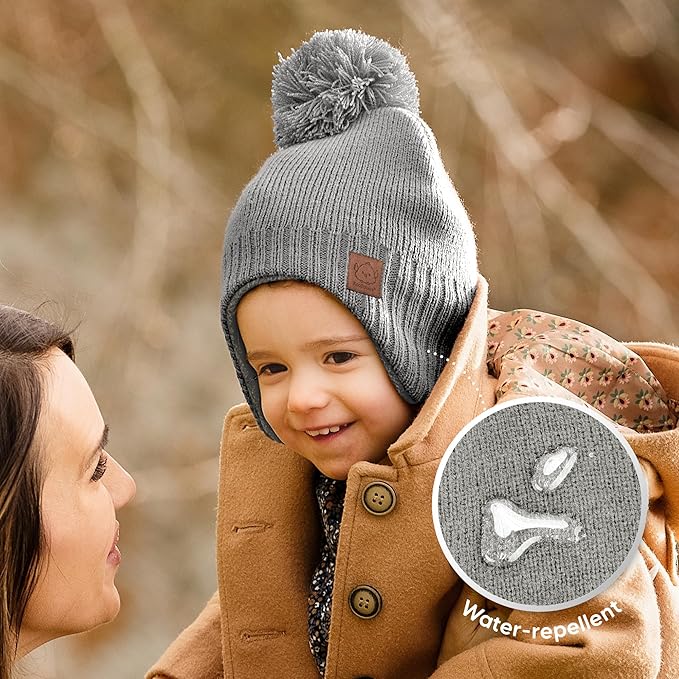 Baby Beanies, Baby Hats for Boys, Girls - Cute Toddler Winter Hat, Soft & Stretchy Beanies for Infant, Newborn 6-36 Months, Cozy & Warm with Earflap Muff & Pom (Gray)