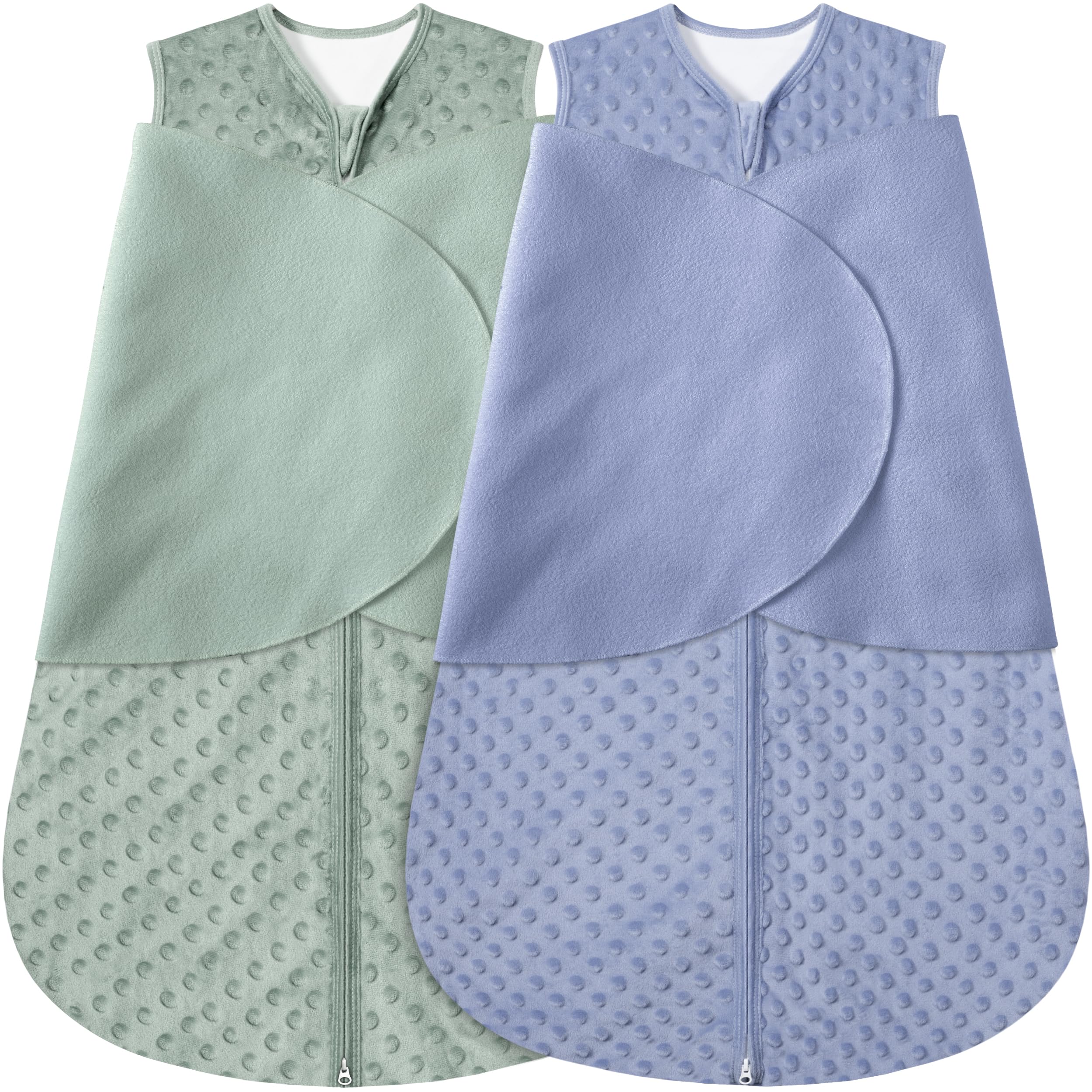 BSTOPPT Fleece Newborn Sleep Sack Baby Swaddle,3-Way Adjustable Wearable Blanket,2 Pack Fleece Swaddling sleeping bag TOG 2.0， (Blue&Green, 0-3 Months)