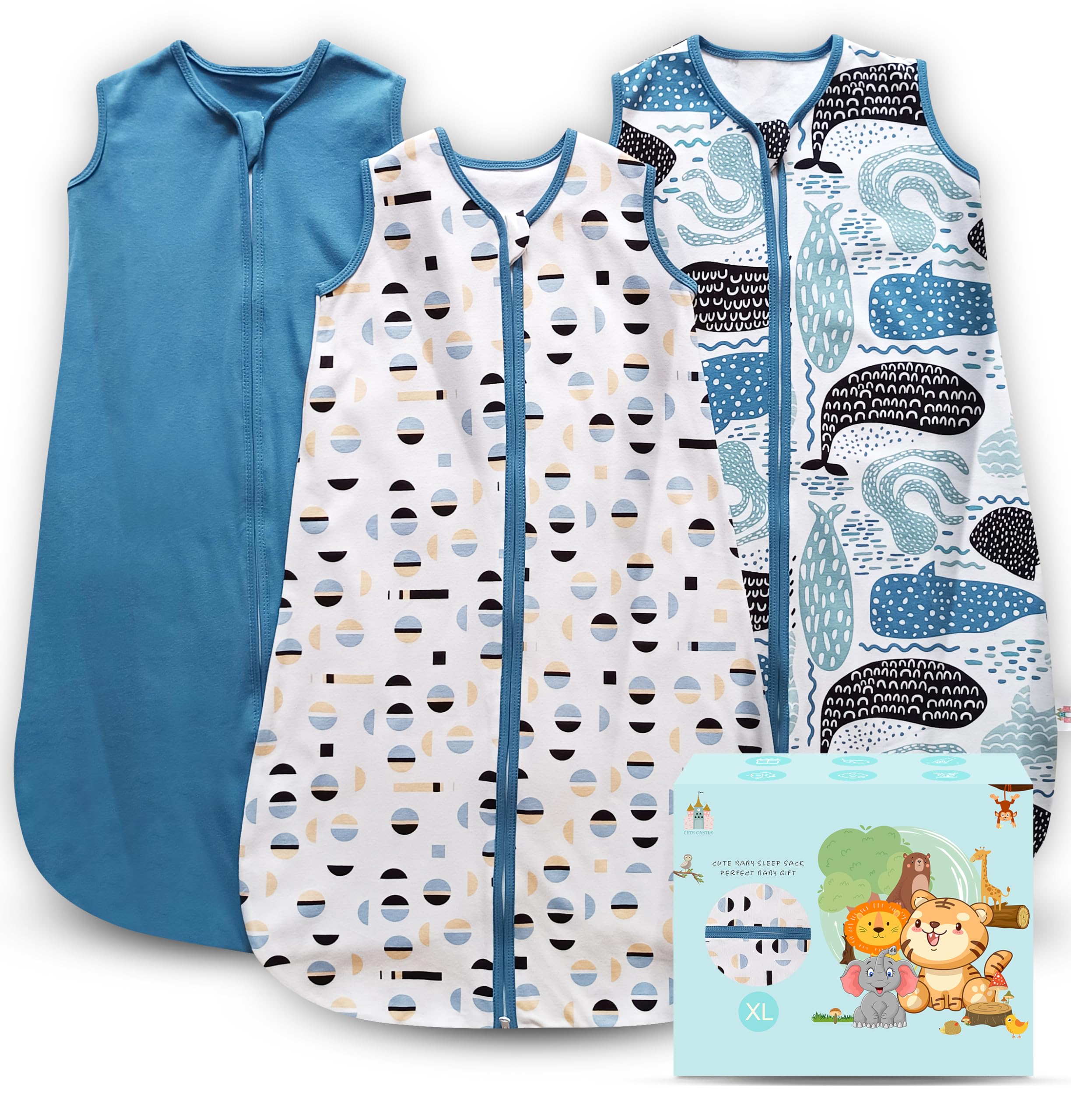 Cute Castle Baby Sleep Sack 18-24 Months - Lightweight 100% Cotton 2-Way Zipper TOG 0.5 Infant Wearable Blanket, Newborn Essentials Toddler Sleep Clothes (3 Pack Blue)