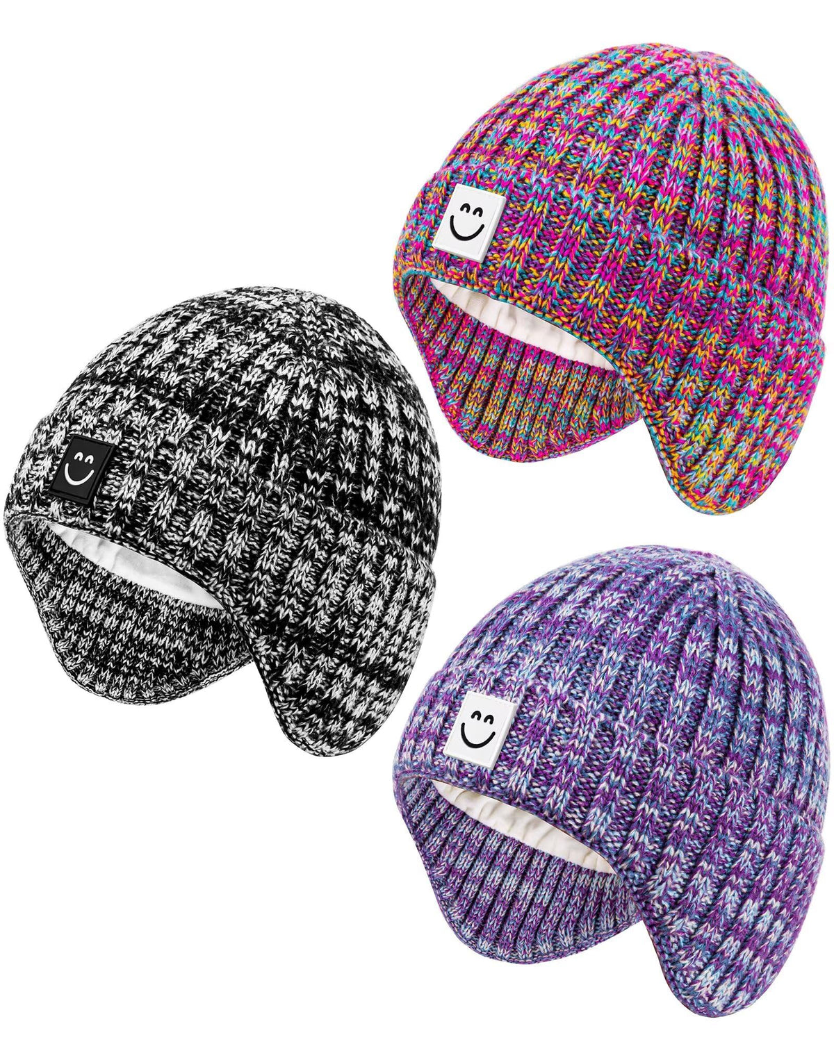 Alepo 3 Pack Baby Beanie Hats with Earflaps, 2 Size Baby Winter Hat for Newborn Infant Toddler Kids Children with Cute Smiley Face, Soft Warm Fleece Lined Knit Hat for Girls Boys-13
