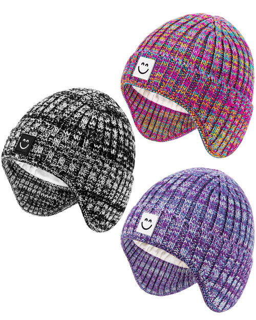 Alepo 3 Pack Baby Beanie Hats with Earflaps, 2 Size Baby Winter Hat for Newborn Infant Toddler Kids Children with Cute Smiley Face, Soft Warm Fleece Lined Knit Hat for Girls Boys-13