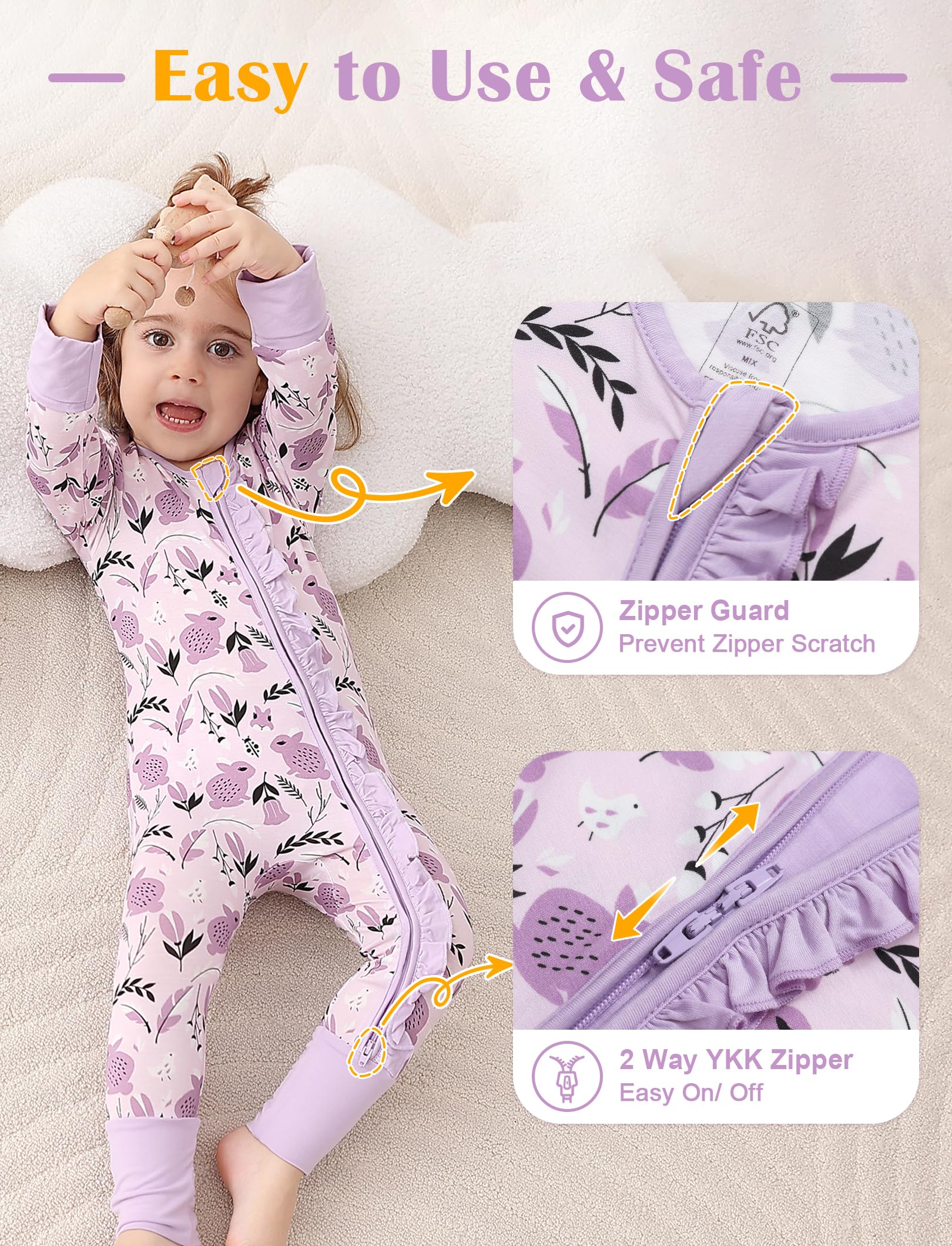 JunNeng Baby Girl Viscose from Bamboo Sleeper Pajamas with Mitten Cuffs 3-6M