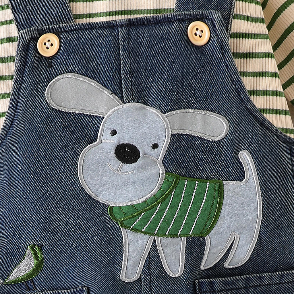 9-12 Month Boy Clothes Baby Fall Winter Outfits Infant Long Sleeve Striped Romper Cute Dog Cartoon Button Jeans Overalls Pants Set Green 9-12 Months