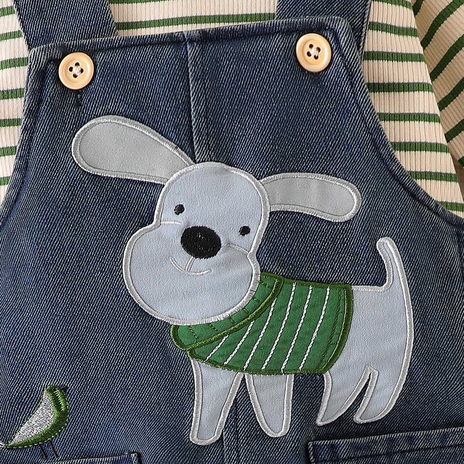 9-12 Month Boy Clothes Baby Fall Winter Outfits Infant Long Sleeve Striped Romper Cute Dog Cartoon Button Jeans Overalls Pants Set Green 9-12 Months