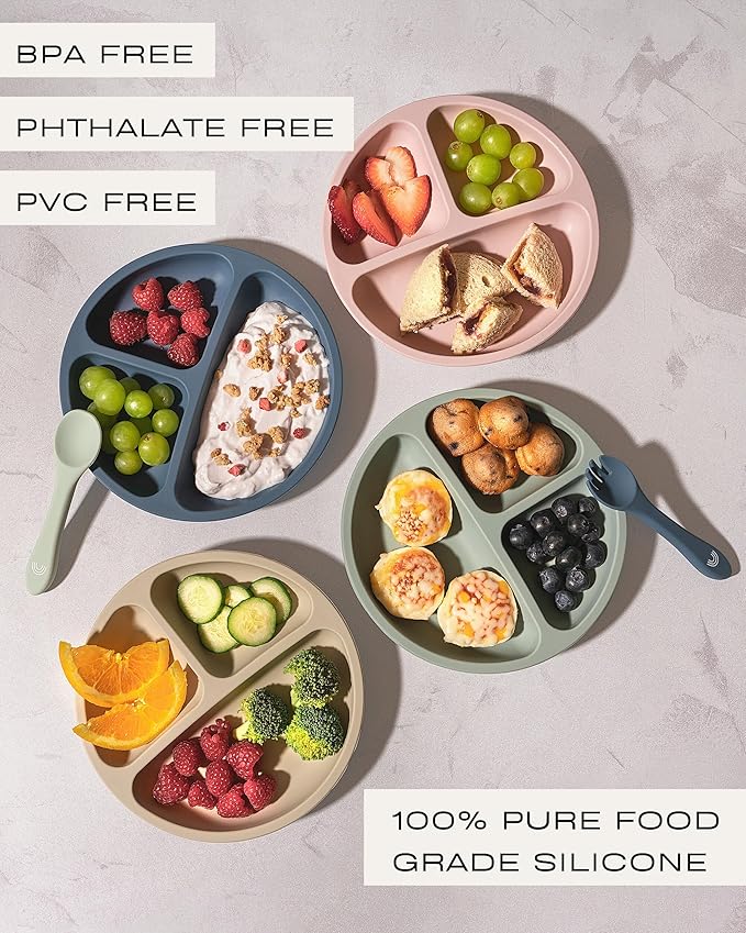 Hippypotamus Toddler Plates with Suction - 100% Food-Grade Silicone Baby Plates - Microwave & Dishwasher Safe - BPA Free - Set of 3 (Sage/Blush/Nude)