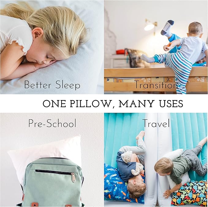 Little Sleepy Head Toddler Pillow with Pillowcase 13x18 - Kids Pillow for Sleeping - Better Neck Support Ergonomic Pillow and Toddler Pillowcase - Best Pillows for Kids (Dinosaurs Blue)