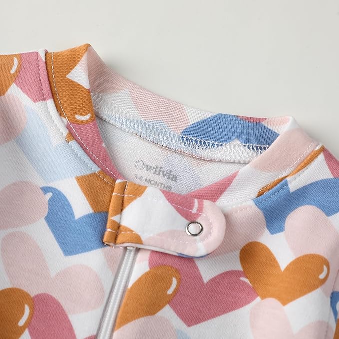 Owlivia Organic Cotton Baby Boy Girl Zip up Sleep N Play, Footless, Long Sleeve(0-3 Months, Colorful Heart)