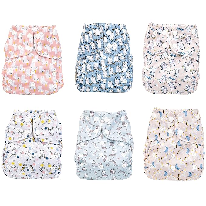 Simple Being Reusable Cloth Diapers, Double Gusset, One Size Adjustable, Washable Soft Absorbent, Waterproof Cover, Eco-Friendly Unisex Baby Girl Boy, six 4-Layers Microfiber Inserts (Unicorns)