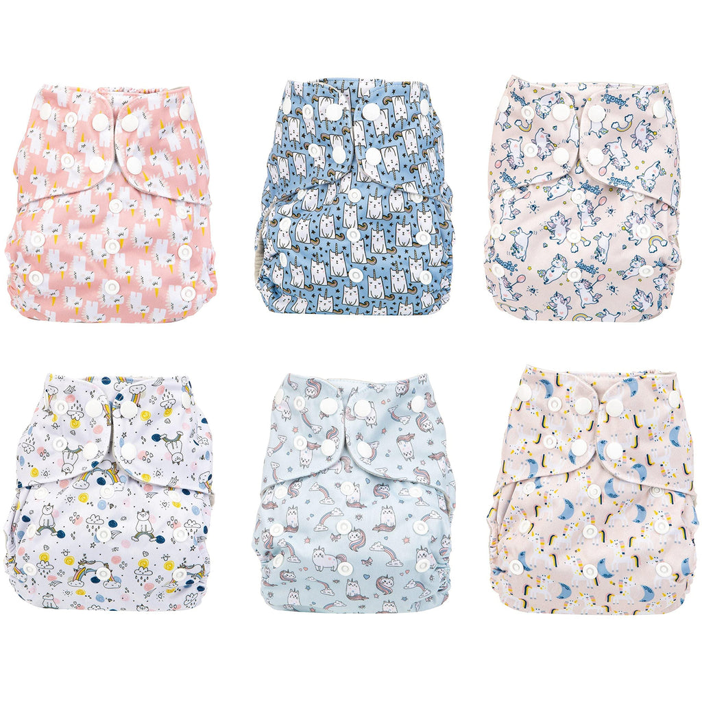 Simple Being Reusable Cloth Diapers, Double Gusset, One Size Adjustable, Washable Soft Absorbent, Waterproof Cover, Eco-Friendly Unisex Baby Girl Boy, six 4-Layers Microfiber Inserts (Unicorns)