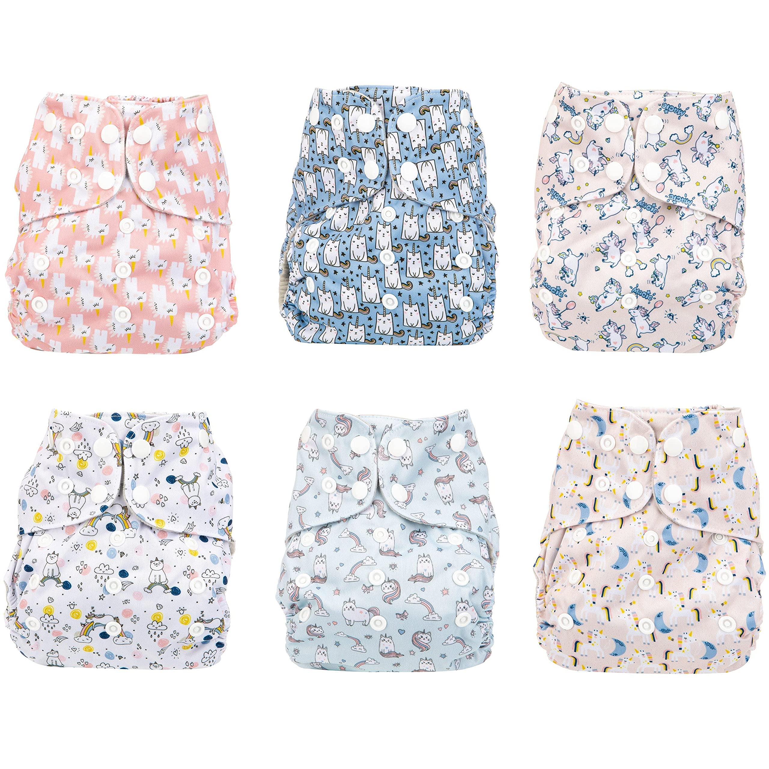 Simple Being Reusable Cloth Diapers, Double Gusset, One Size Adjustable, Washable Soft Absorbent, Waterproof Cover, Eco-Friendly Unisex Baby Girl Boy, six 4-Layers Microfiber Inserts (Unicorns)