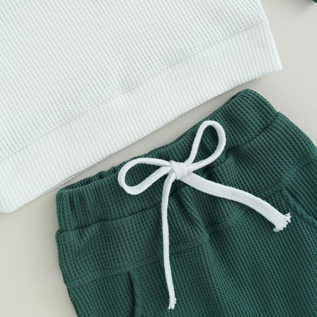 Fufuriprefer Toddler Baby Boy Fall Clothes Waffle outfit Long Sleeve Top Jogger Pant Set (Dark Green White, 18-24 Months)