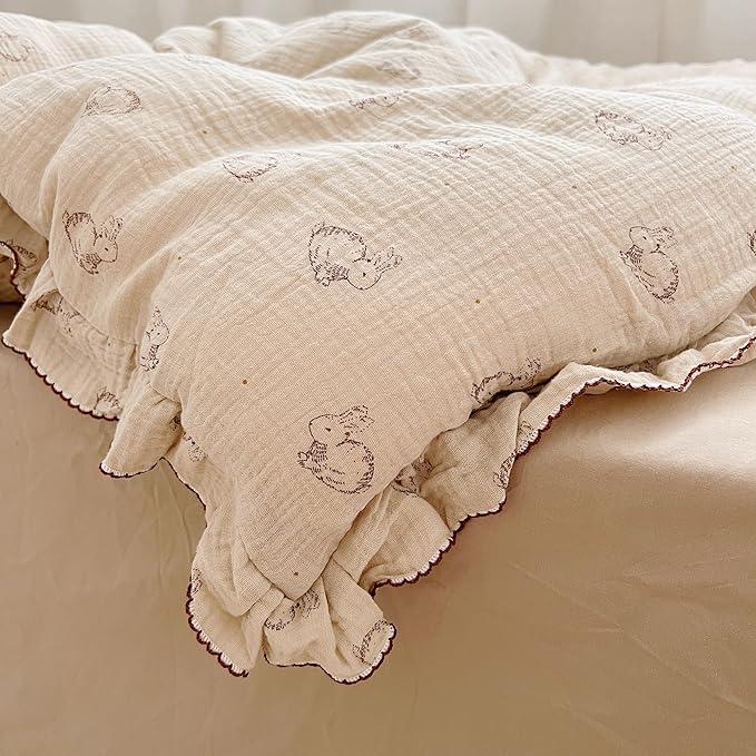 AOJIM Cute Rabbit Muslin Cotton Kids Toddler Pillowcase for Boys Girls Super Soft Baby Crib Bedding Pillowcase with Ruffle Edges Machine Washable Nursery Pillowcase, Durable Kids Pillow Cover, 26*20''