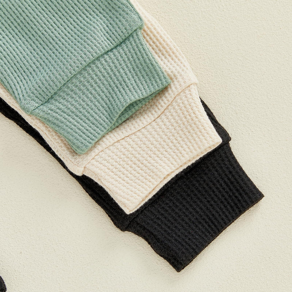 Sejardin Toddler Baby Boy Girl Pants 3 Pack Solid Color Elastic Waist Jogger Sweatpants Newborn Infant Casual Bottoms (Waffle Black Apricot Green, 0-6 Months)