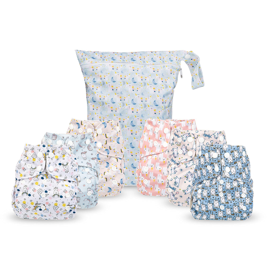 Simple Being Reusable Cloth Diapers, Double Gusset, One Size Adjustable, Washable Soft Absorbent, Waterproof Cover, Eco-Friendly Unisex Baby Girl Boy, six 4-Layers Microfiber Inserts (Unicorns)