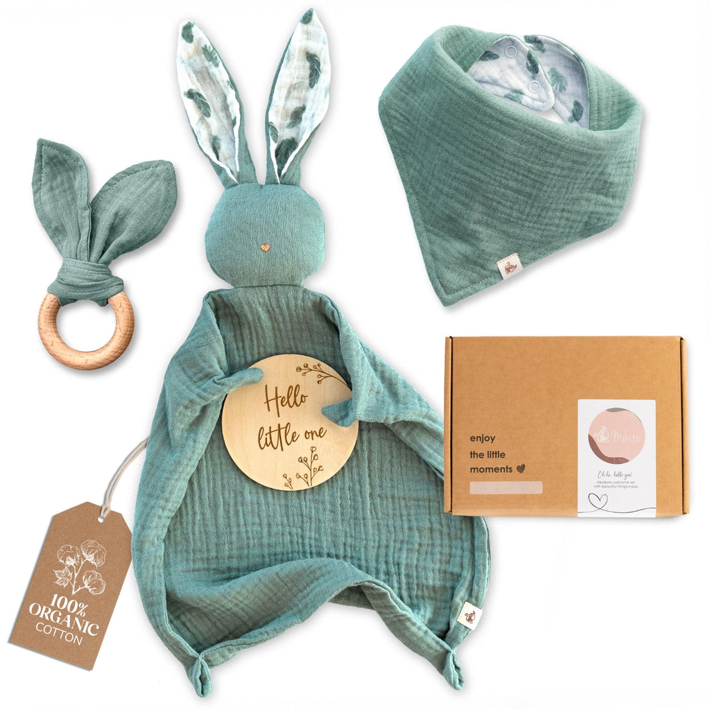 Mikito Organic Cotton Newborn Gift Box, Unisex Baby Gifts Including Muslin Lovey Comforter, Bandana Bib, Wooden Teether & Birth Announcement Sign