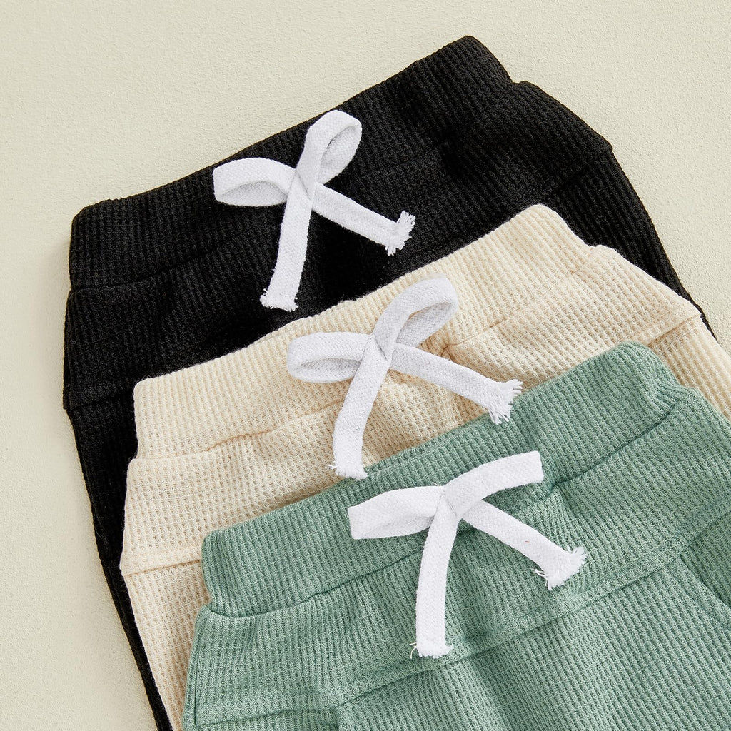 Sejardin Toddler Baby Boy Girl Pants 3 Pack Solid Color Elastic Waist Jogger Sweatpants Newborn Infant Casual Bottoms (Waffle Black Apricot Green, 0-6 Months)