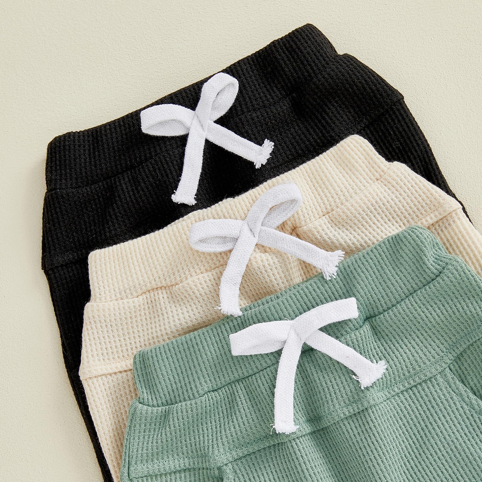 Sejardin Toddler Baby Boy Girl Pants 3 Pack Solid Color Elastic Waist Jogger Sweatpants Newborn Infant Casual Bottoms (Waffle Black Apricot Green, 0-6 Months)