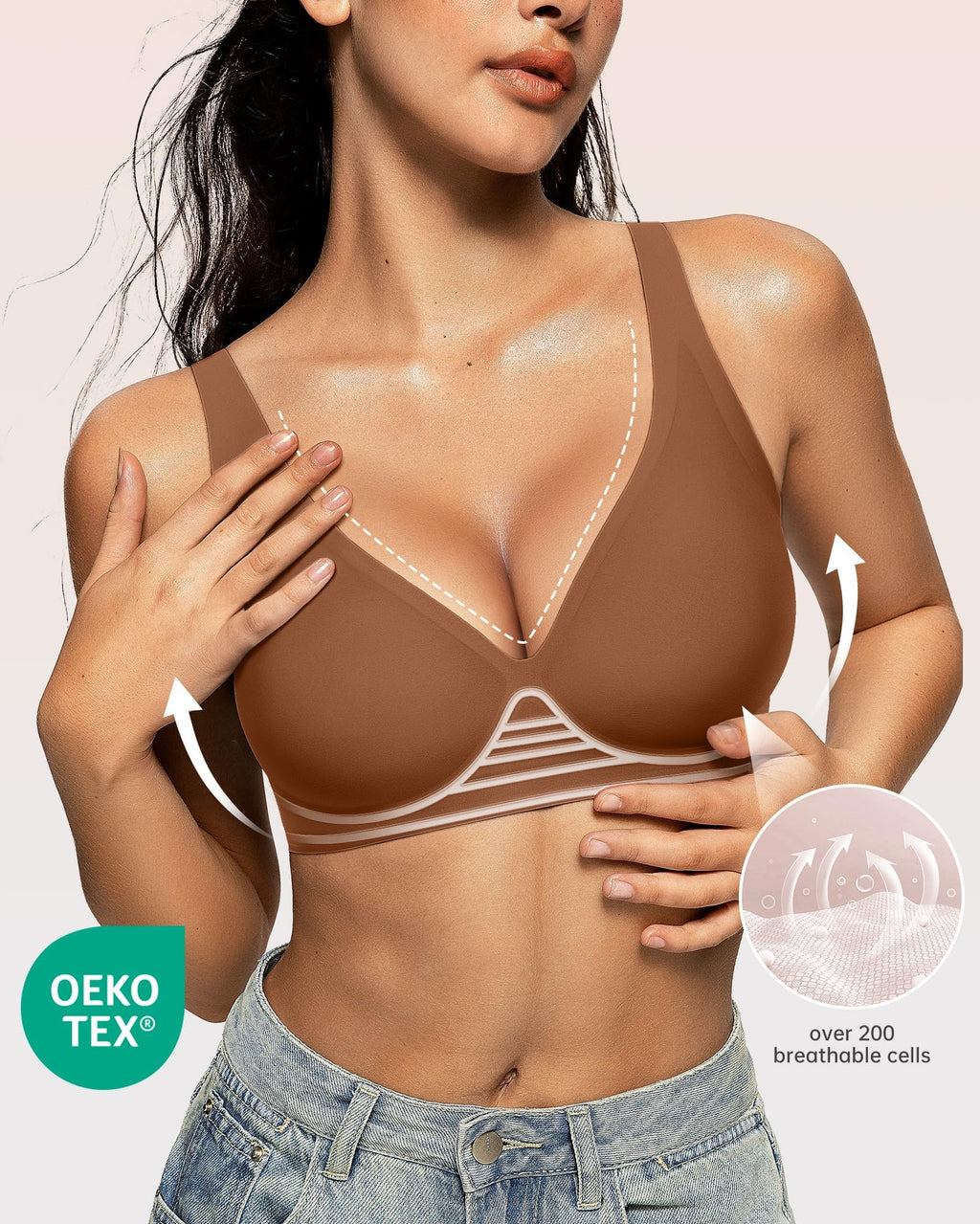 OEAK Womens Deep V Bras Wireless Comfortable Bra Supportive No Underwire Bras Tshirt Push Up Bralettes Plunge Seamless Bra Cinnamon M