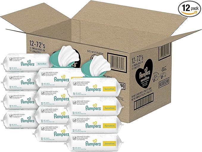 Pampers Sensitive Baby Wipes, Water Based, Clinically Proven, Hypoallergenic, and Unscented for Babies, 1008 Wipes Total (12 Flip-Top Packs) [Packaging May Vary]