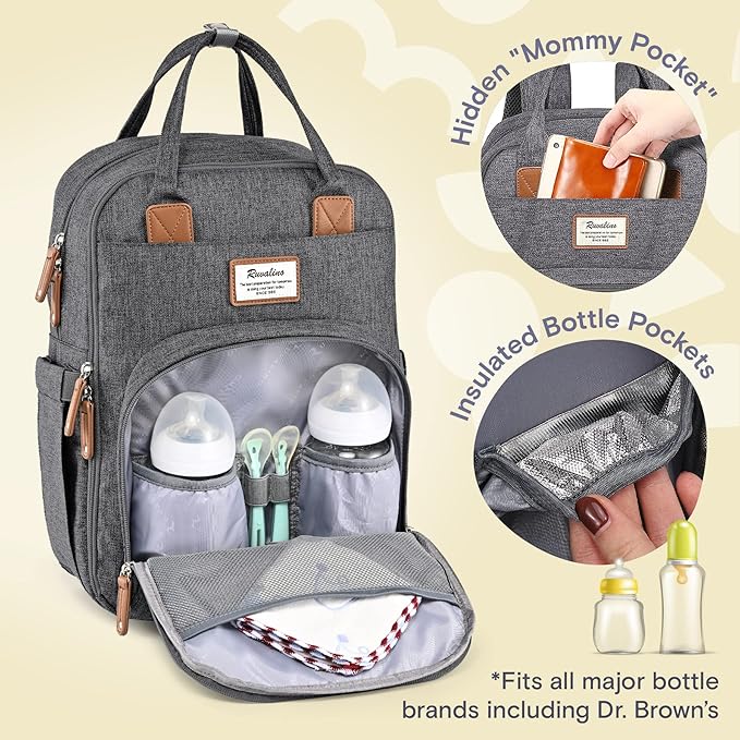 RUVALINO Diaper Bag Backpack-Expandable Baby Bag with up to 50% Capacity -Baby Essentials Bag with Changing Pad Insulated Bottle Holders & Pacifier Case, Waterproof, Dark Gray XL