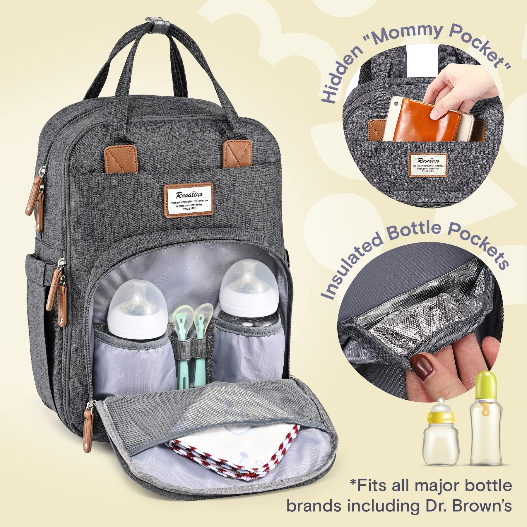 RUVALINO Diaper Bag Backpack-Expandable Baby Bag with up to 50% Capacity -Baby Essentials Bag with Changing Pad Insulated Bottle Holders & Pacifier Case, Waterproof, Dark Gray XL