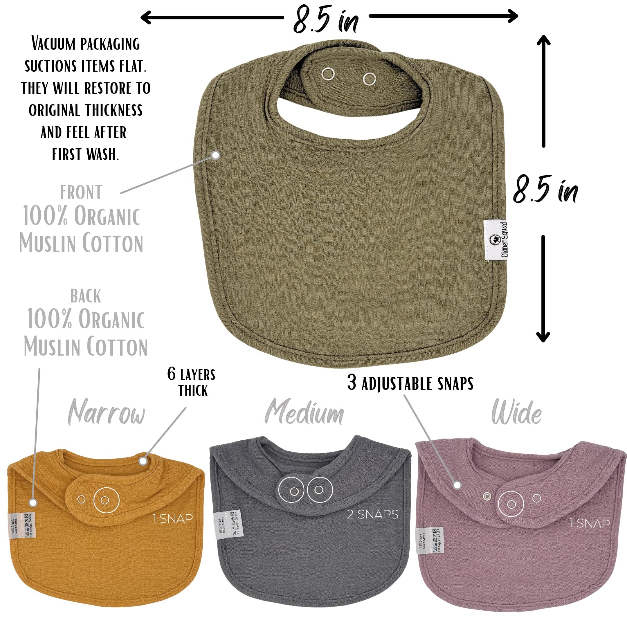 Diaper Squad 10-Pack 100% Organic Muslin Cotton Baby Bibs for Baby Boy, Girl (Earthy Color Traditional -100% Muslin, 10-Pack)